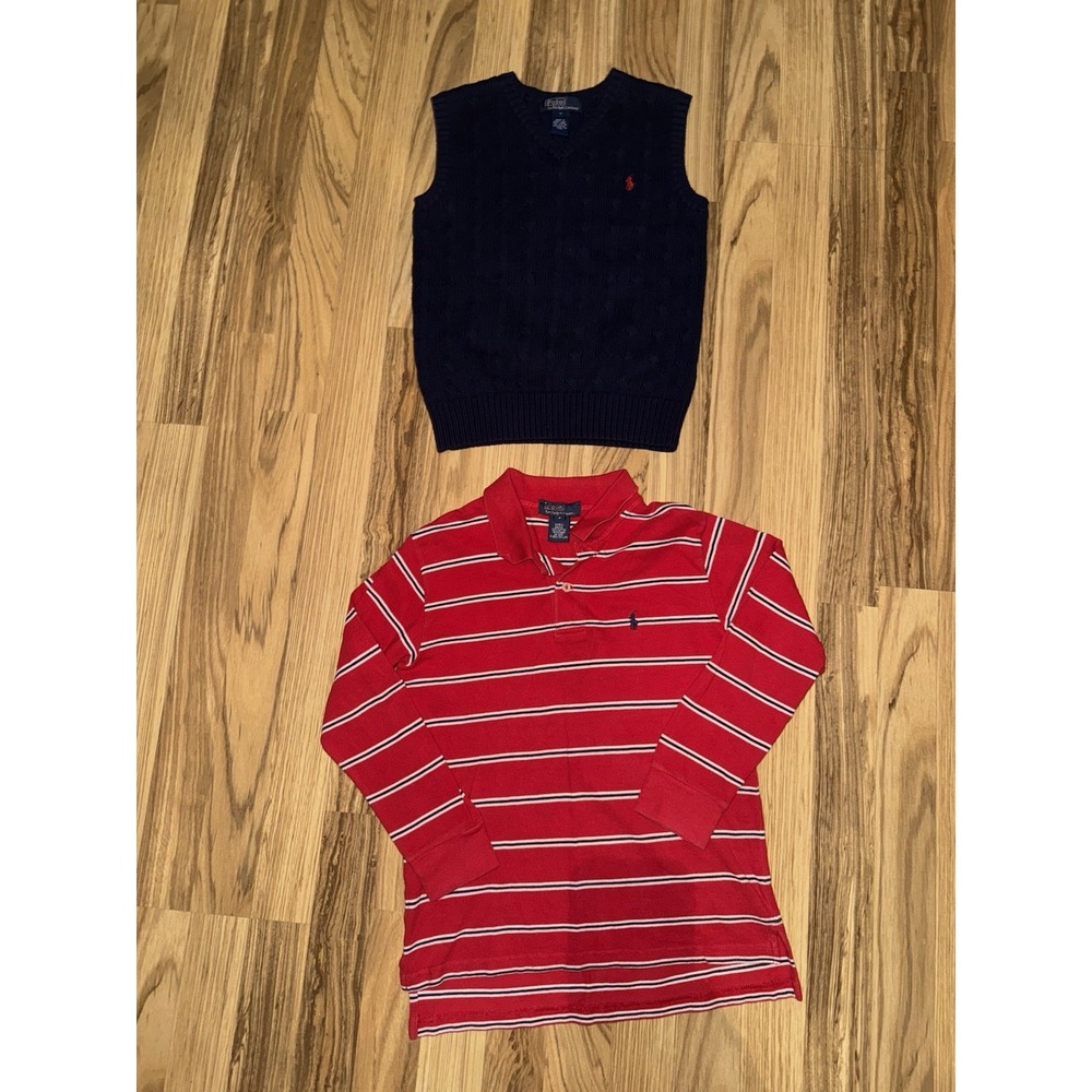 Polo Ralph Lauren Boys Sz 7 Cable Knit Sweater‎ Vest Navy Red Stripped Shirt Lot